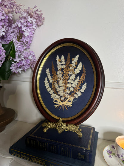 Vintage Wooden Medium Dried Floral art in Oval Frame with Gold Trim