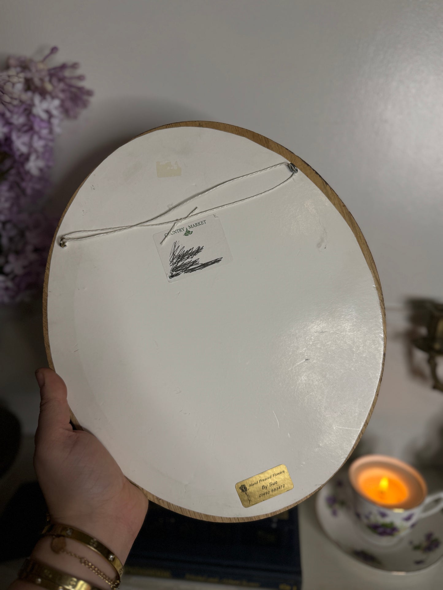 Vintage Wooden Medium Dried Floral art in Oval Frame with Gold Trim