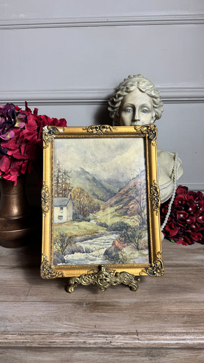 Autumn Vintage Watercolour in Antique Original European Ornate Gilt Frame