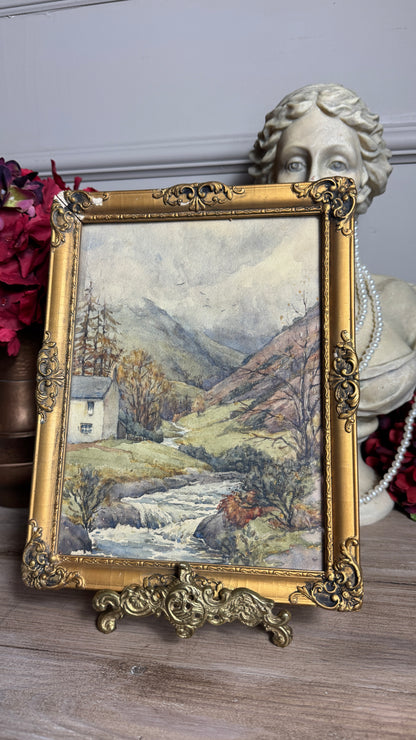 Autumn Vintage Watercolour in Antique Original European Ornate Gilt Frame