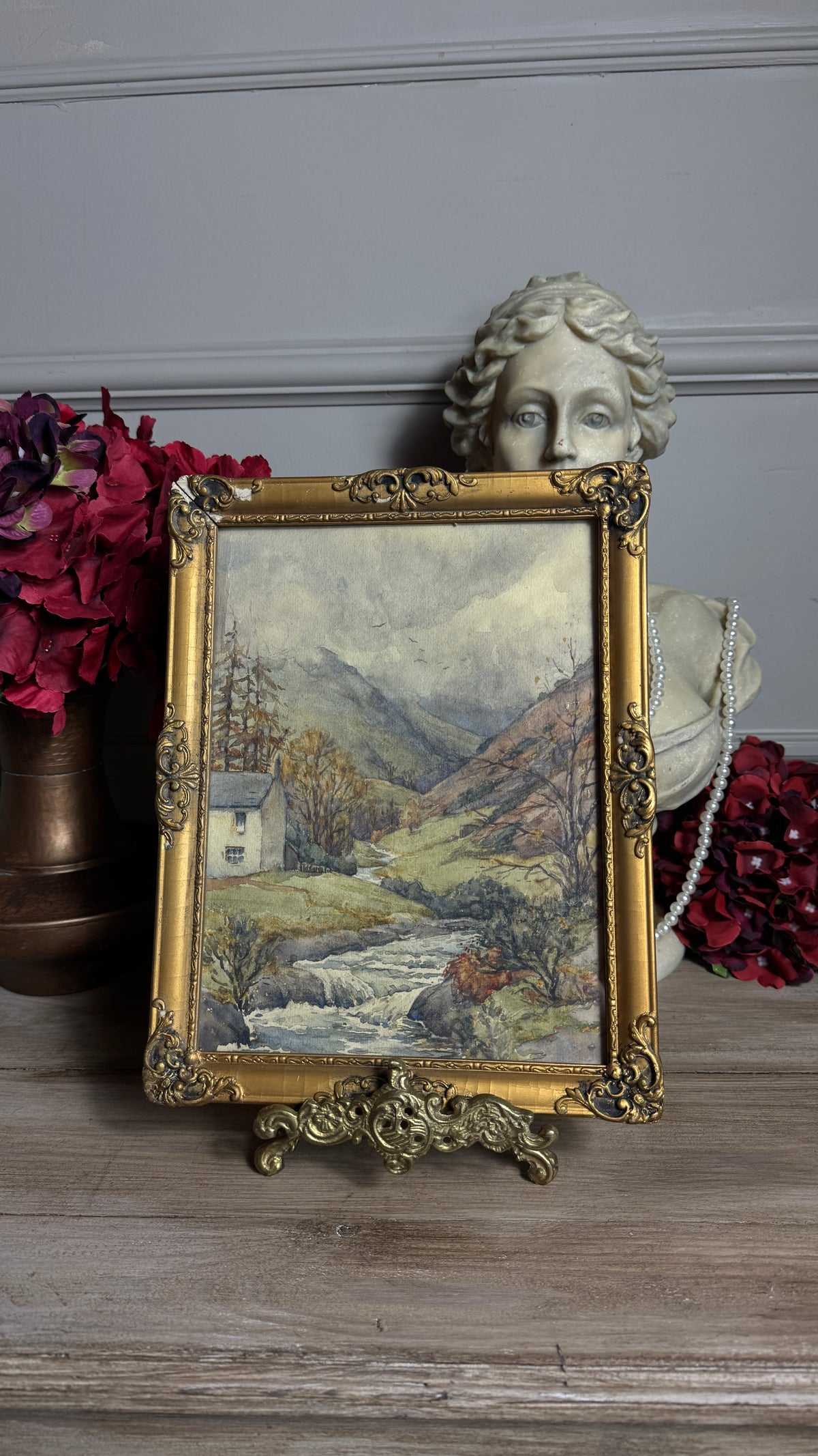 Autumn Vintage Watercolour in Antique Original European Ornate Gilt Frame