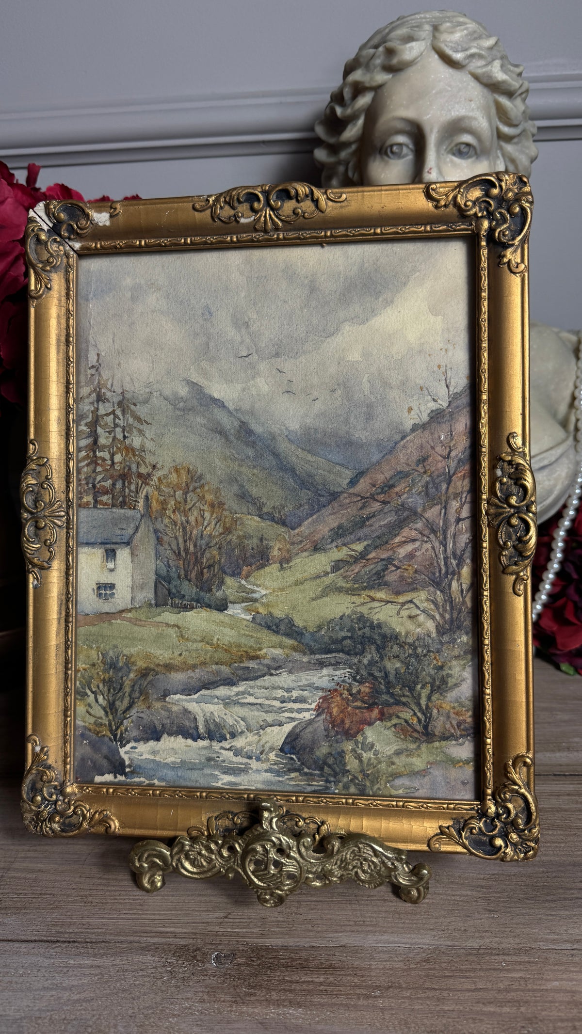 Autumn Vintage Watercolour in Antique Original European Ornate Gilt Frame