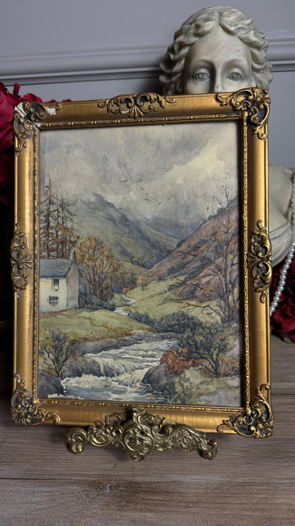Autumn Vintage Watercolour in Antique Original European Ornate Gilt Frame