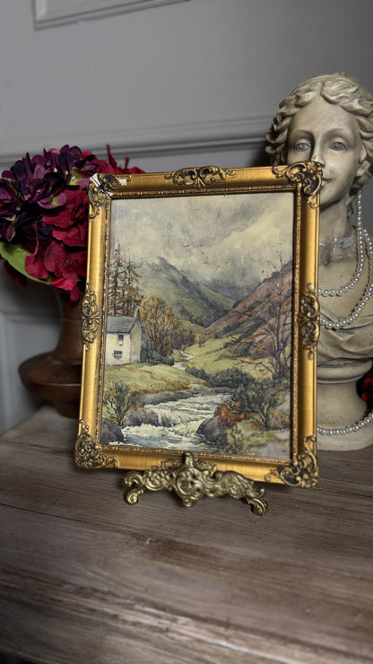Autumn Vintage Watercolour in Antique Original European Ornate Gilt Frame