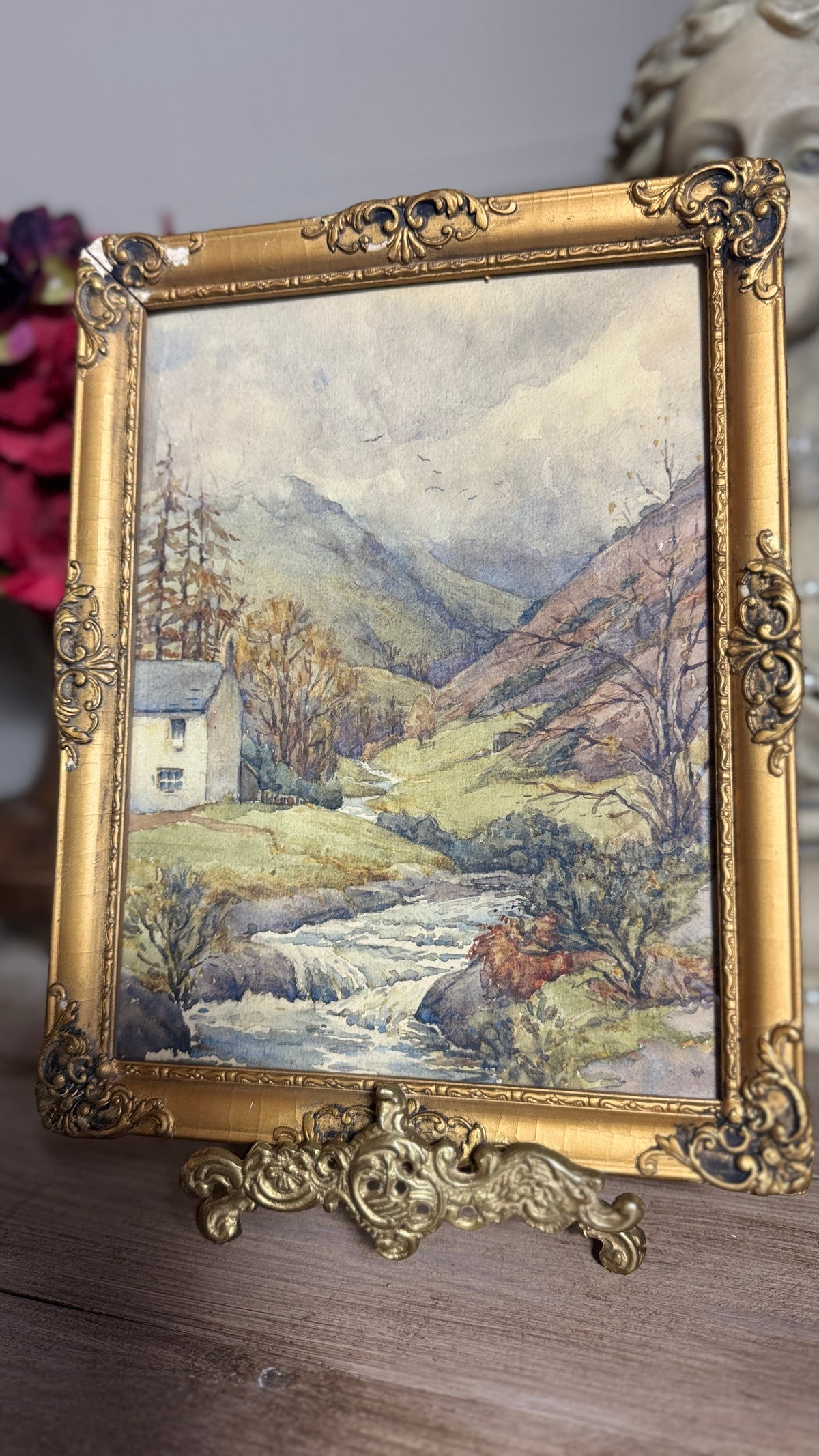 Autumn Vintage Watercolour in Antique Original European Ornate Gilt Frame