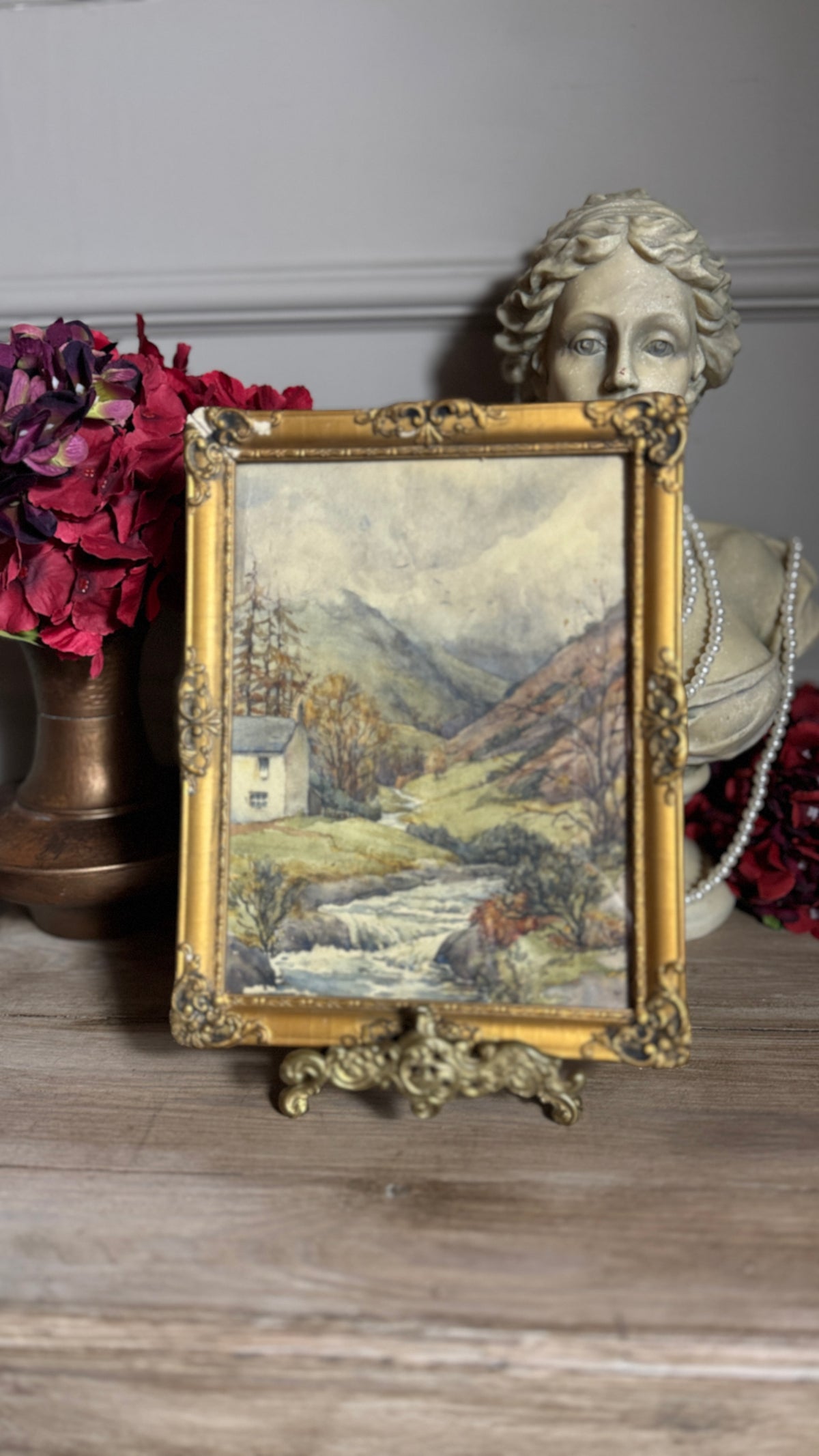 Autumn Vintage Watercolour in Antique Original European Ornate Gilt Frame