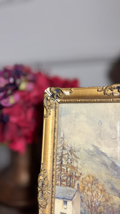 Autumn Vintage Watercolour in Antique Original European Ornate Gilt Frame