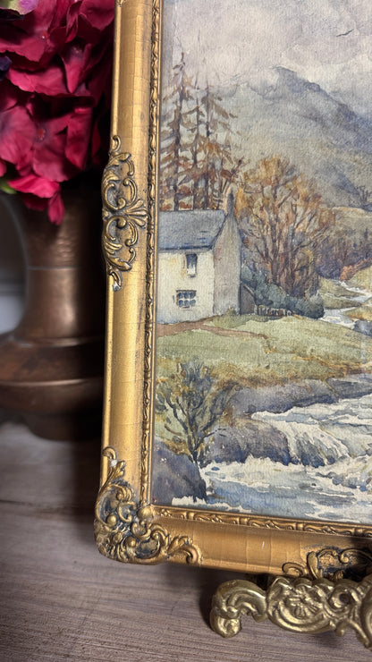 Autumn Vintage Watercolour in Antique Original European Ornate Gilt Frame