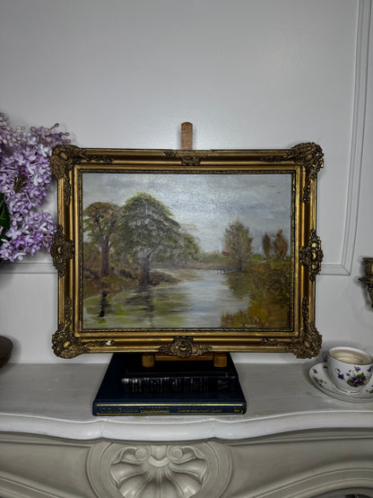 Original Oil Painting – Rustic Field Landscape by D. Walker in Gold Chippendale Frame