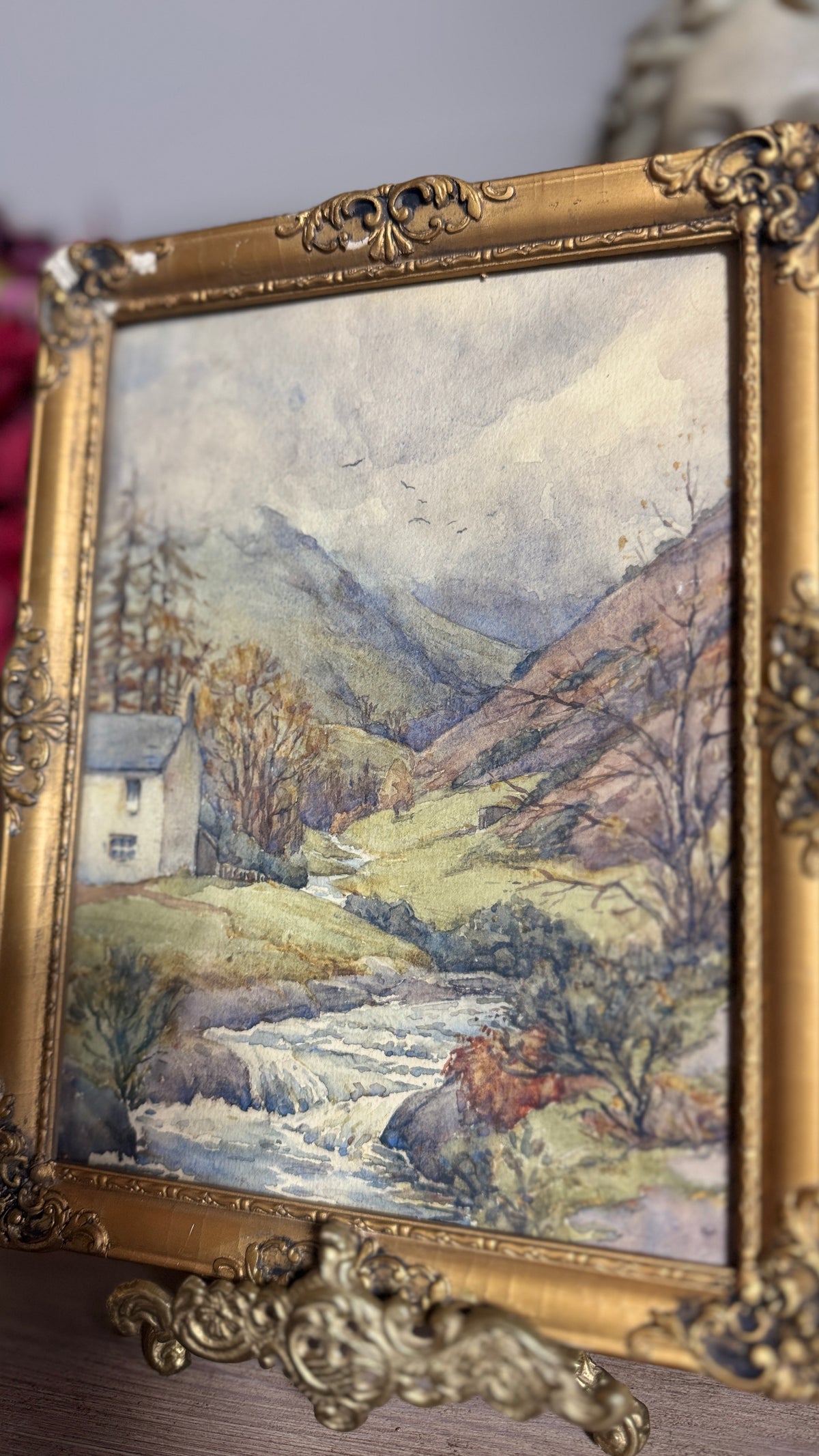 Autumn Vintage Watercolour in Antique Original European Ornate Gilt Frame