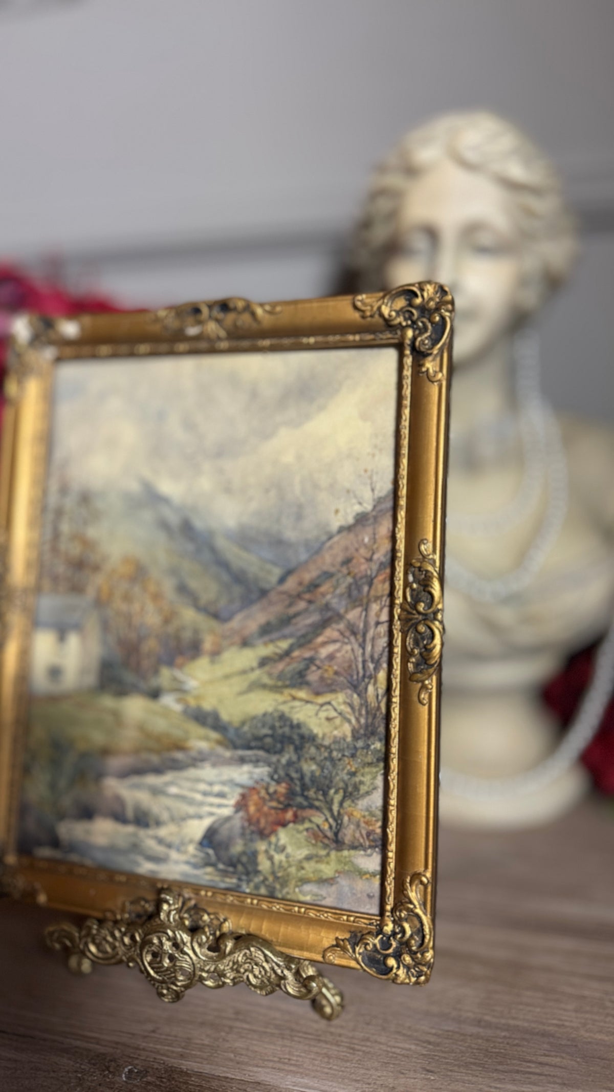 Autumn Vintage Watercolour in Antique Original European Ornate Gilt Frame