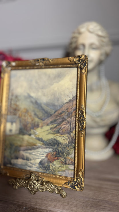 Autumn Vintage Watercolour in Antique Original European Ornate Gilt Frame