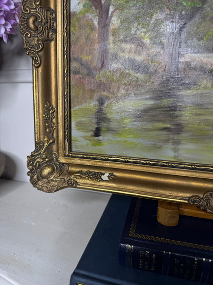 Original Oil Painting – Rustic Field Landscape by D. Walker in Gold Chippendale Frame