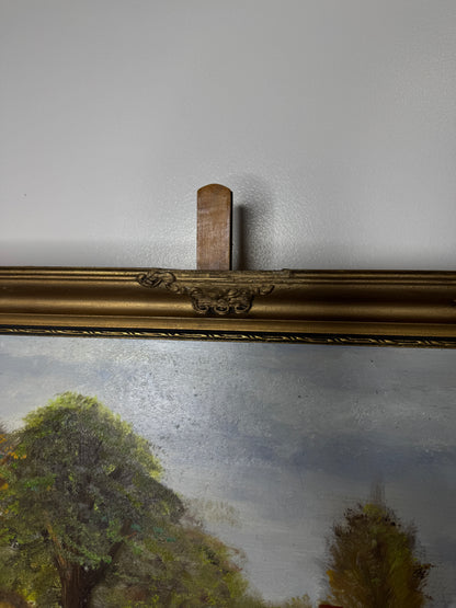 Original Oil Painting – Rustic Field Landscape by D. Walker in Gold Chippendale Frame
