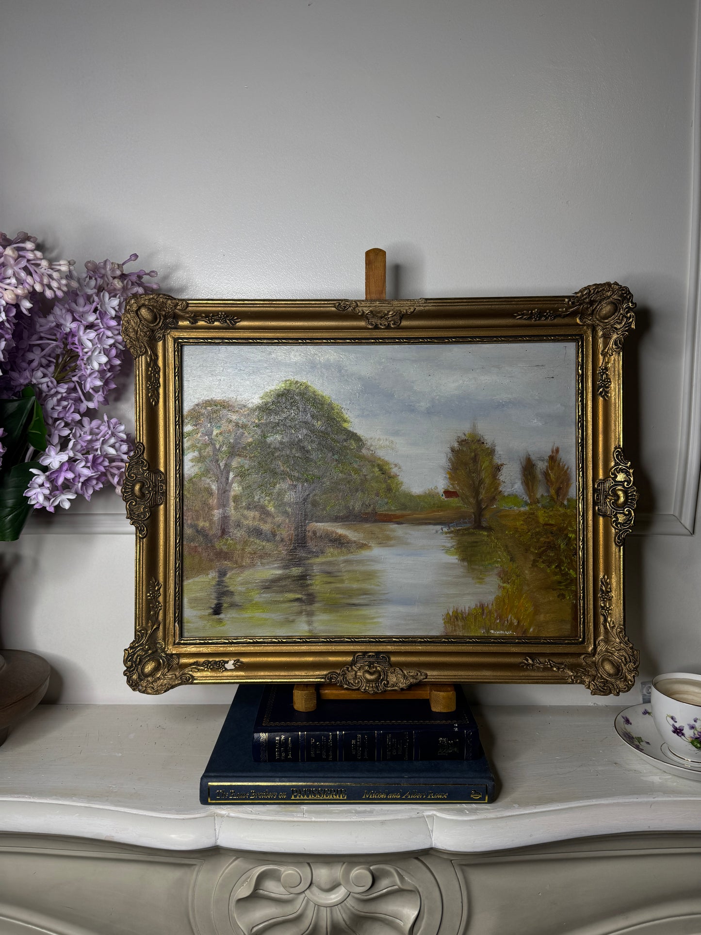 Original Oil Painting – Rustic Field Landscape by D. Walker in Gold Chippendale Frame