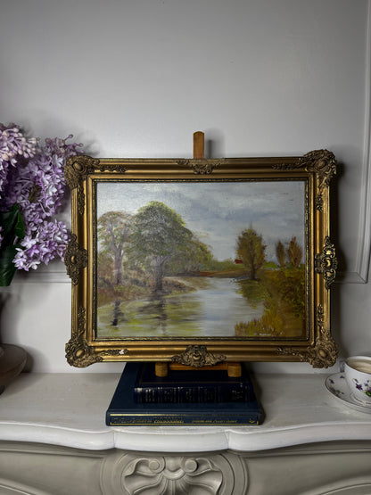 Original Oil Painting – Rustic Field Landscape by D. Walker in Gold Chippendale Frame