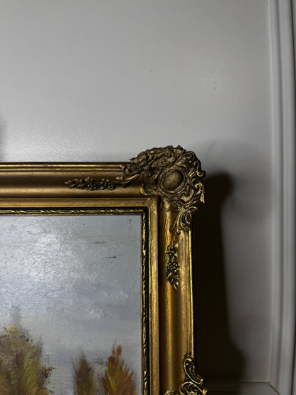 Original Oil Painting – Rustic Field Landscape by D. Walker in Gold Chippendale Frame