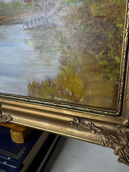 Original Oil Painting – Rustic Field Landscape by D. Walker in Gold Chippendale Frame