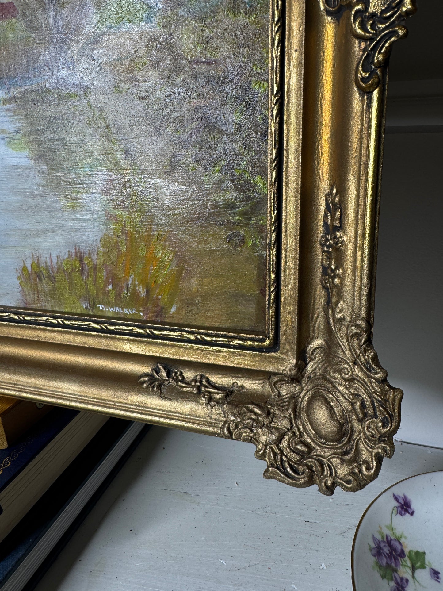 Original Oil Painting – Rustic Field Landscape by D. Walker in Gold Chippendale Frame