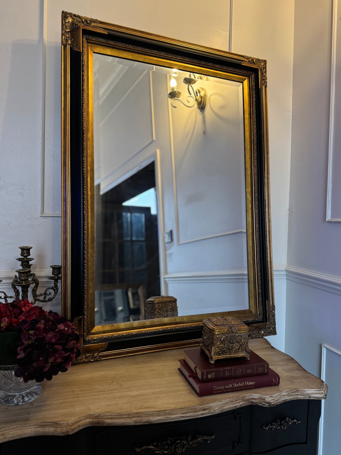 Large Bevelled Mirror in Gold & Black Gilt Frame – Decorative Wall Statement