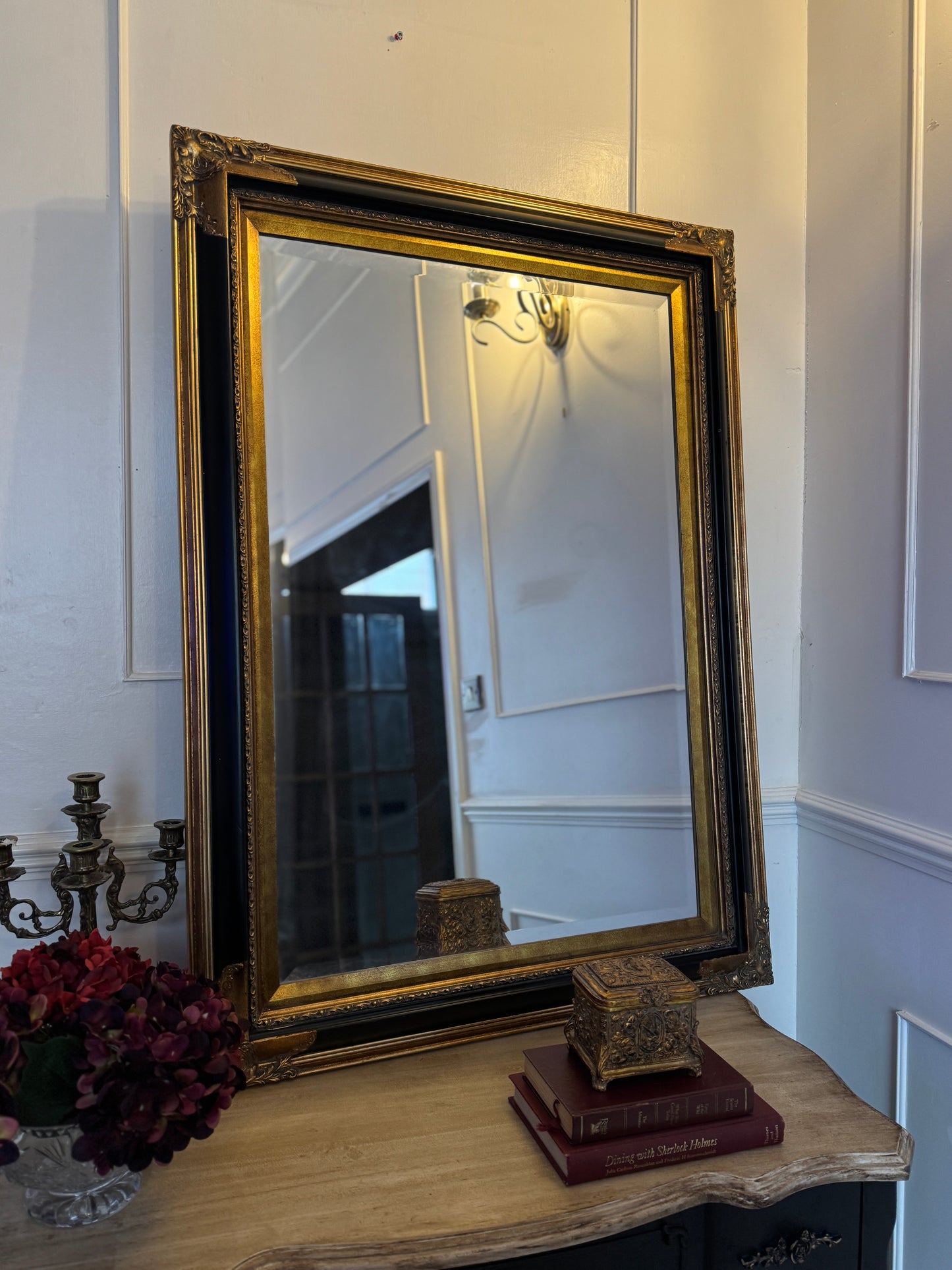 Large Bevelled Mirror in Gold & Black Gilt Frame – Decorative Wall Statement
