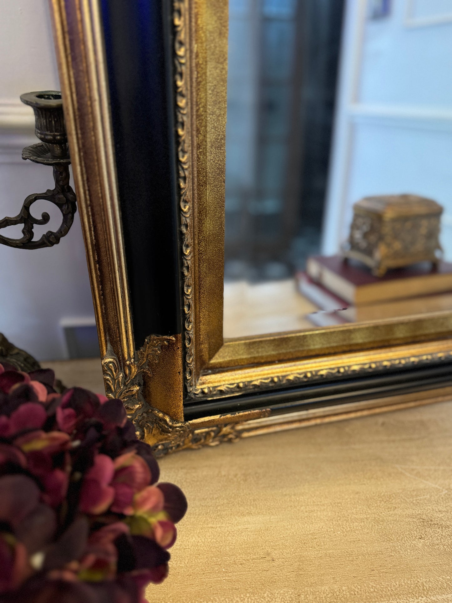 Large Bevelled Mirror in Gold & Black Gilt Frame – Decorative Wall Statement