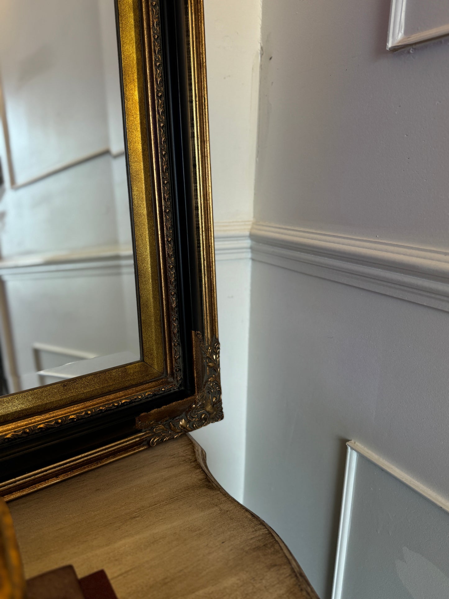 Large Bevelled Mirror in Gold & Black Gilt Frame – Decorative Wall Statement