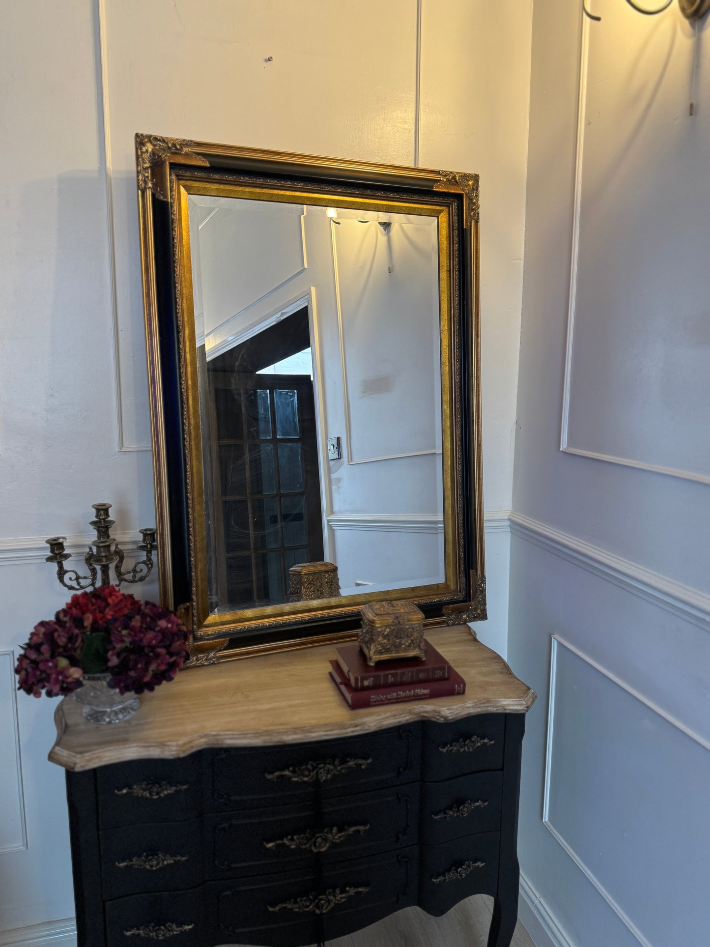 Large Bevelled Mirror in Gold & Black Gilt Frame – Decorative Wall Statement