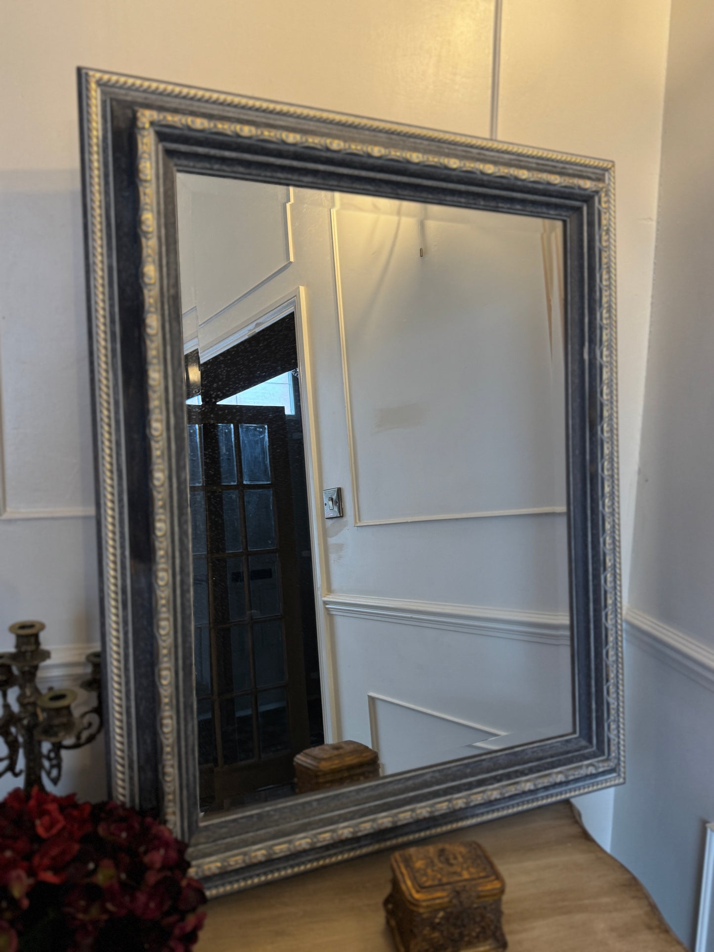 Romantic Style Vintage Mirror in Light Blue & Gold – Bevelled Wooden Frame