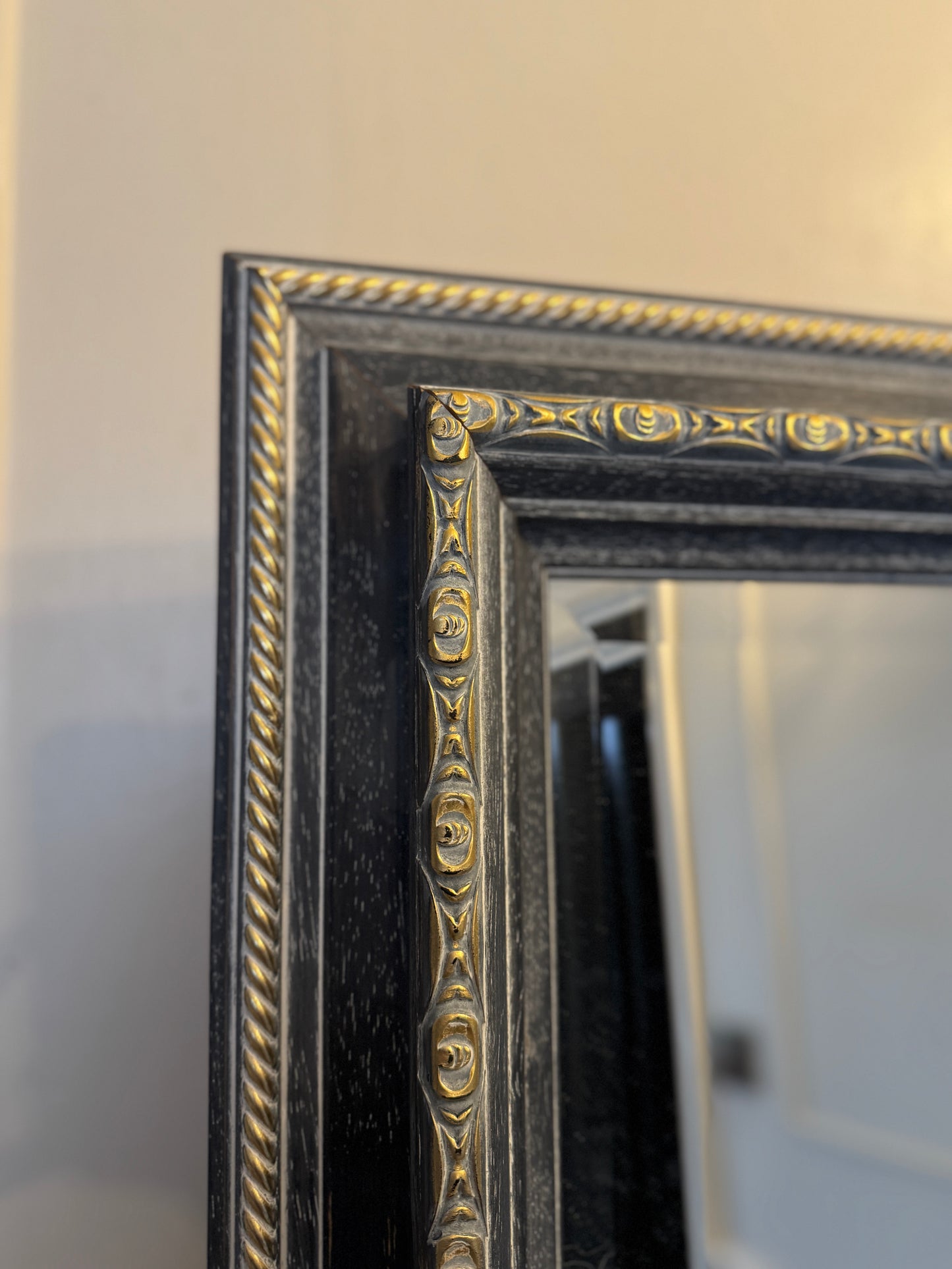 Romantic Style Vintage Mirror in Light Blue & Gold – Bevelled Wooden Frame