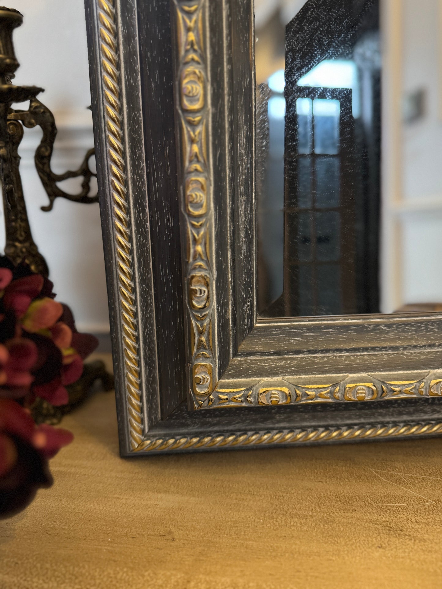 Romantic Style Vintage Mirror in Light Blue & Gold – Bevelled Wooden Frame