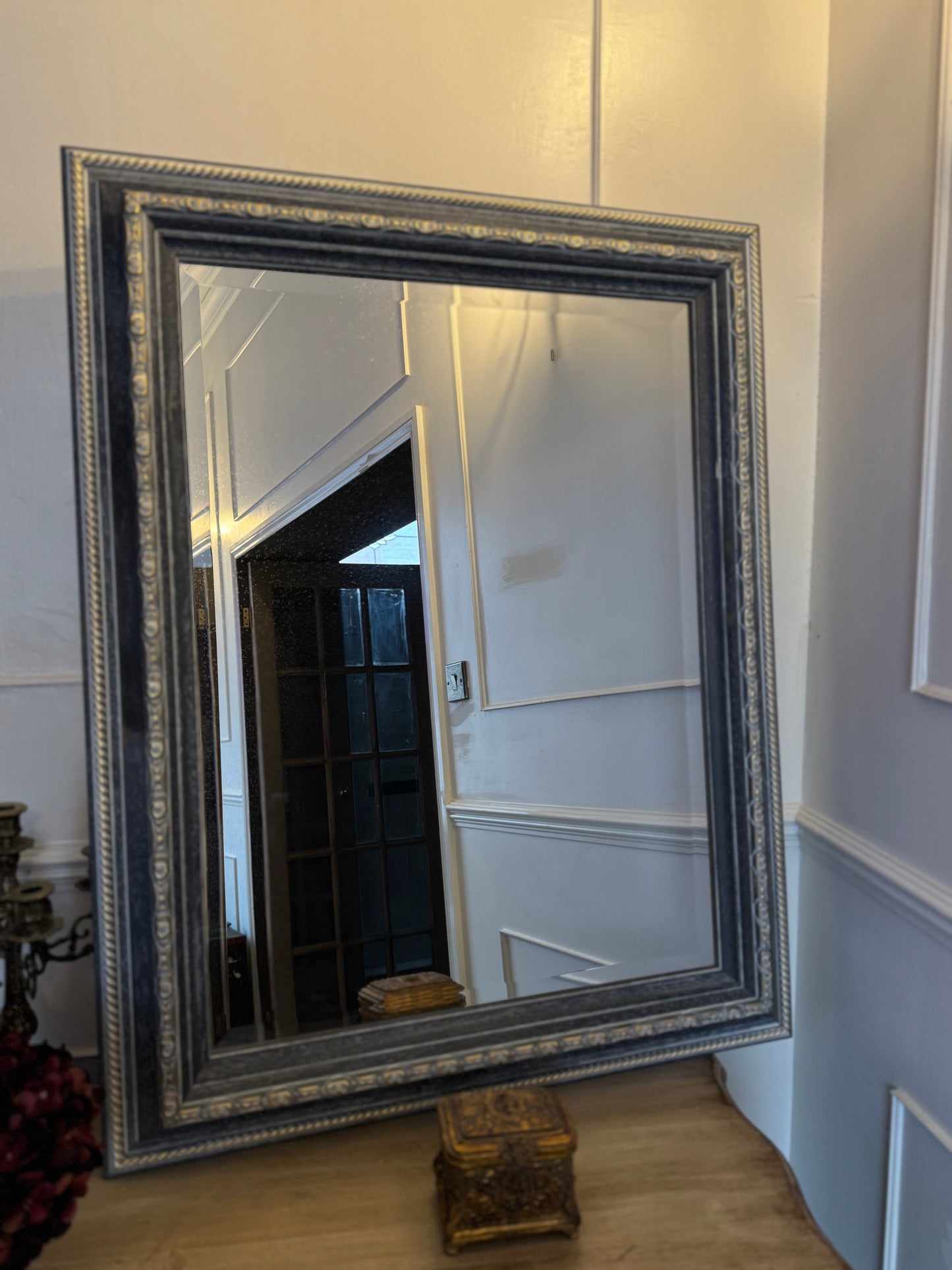 Romantic Style Vintage Mirror in Light Blue & Gold – Bevelled Wooden Frame