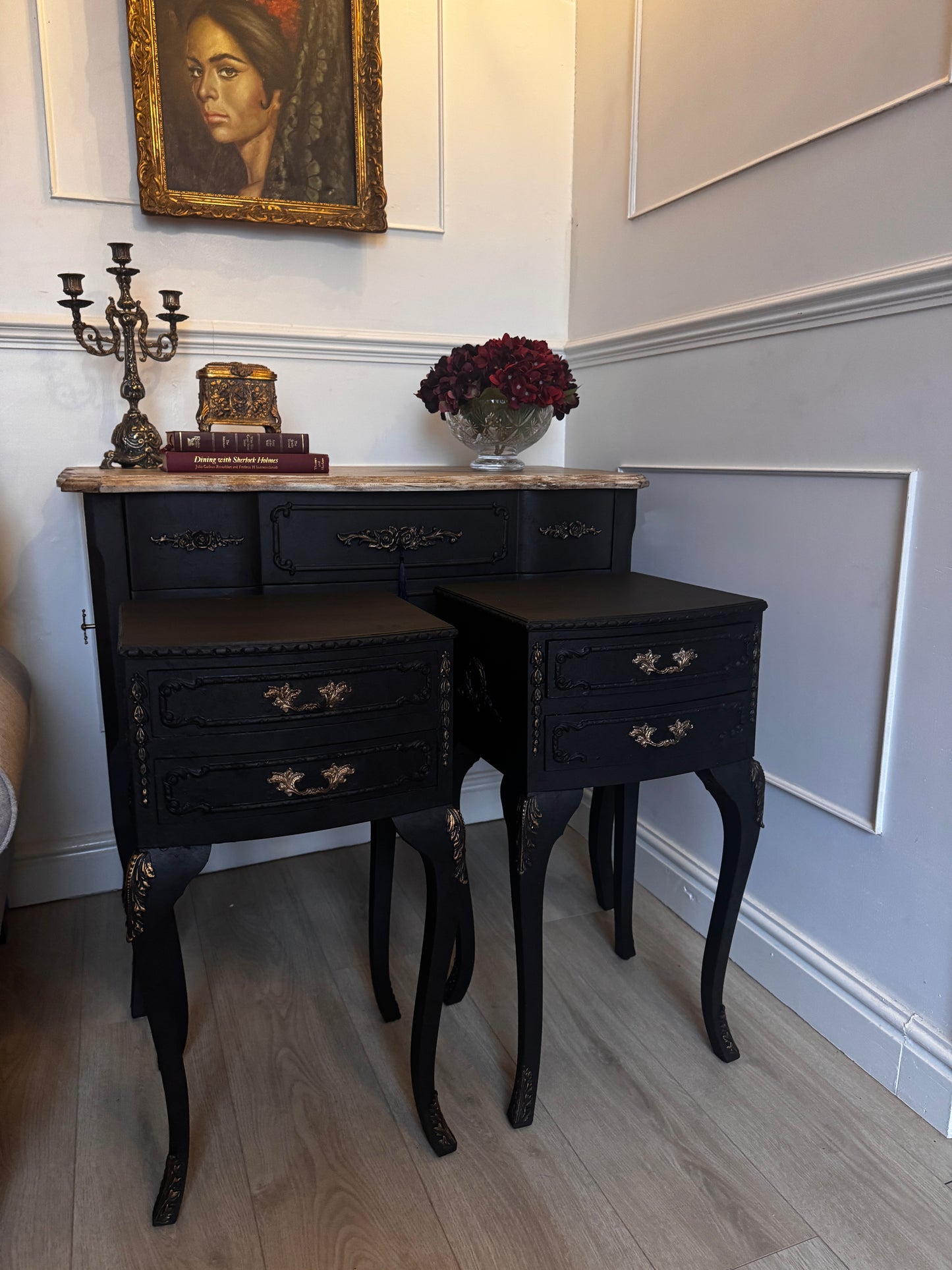Vintage French Olympus Bedside Tables – Black & Gold | Harrods Olympus | Ornate Upcycled Nightstands
