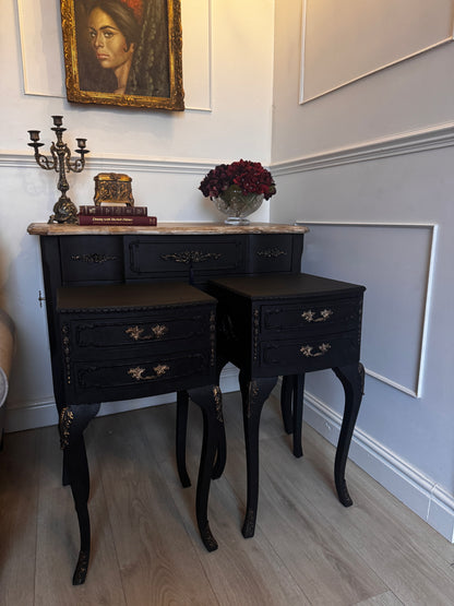 Vintage French Olympus Bedside Tables – Black & Gold | Harrods Olympus | Ornate Upcycled Nightstands