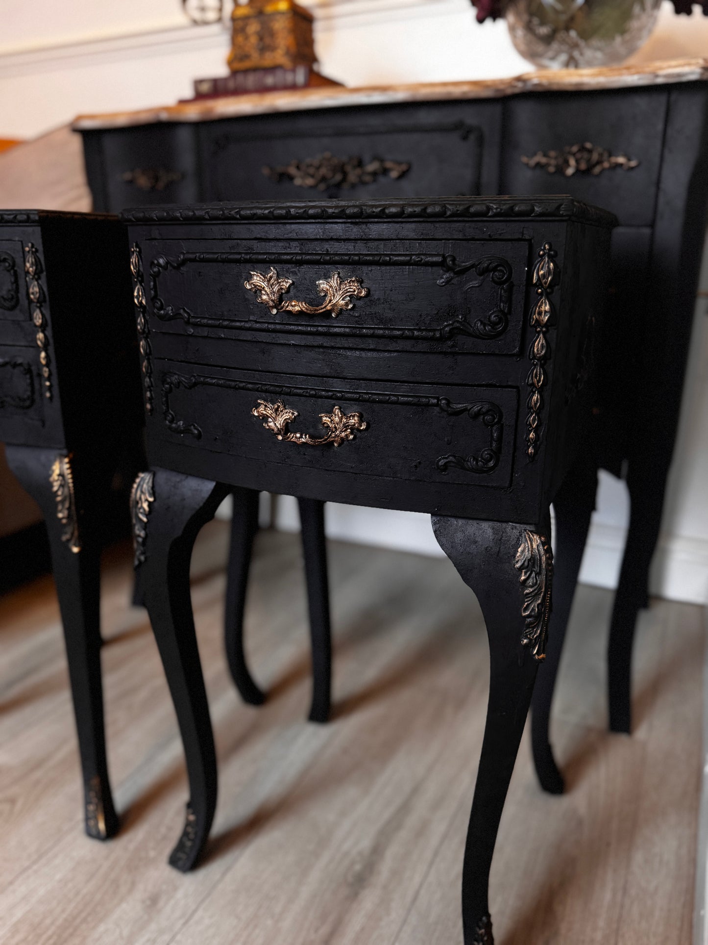 Vintage French Olympus Bedside Tables – Black & Gold | Harrods Olympus | Ornate Upcycled Nightstands