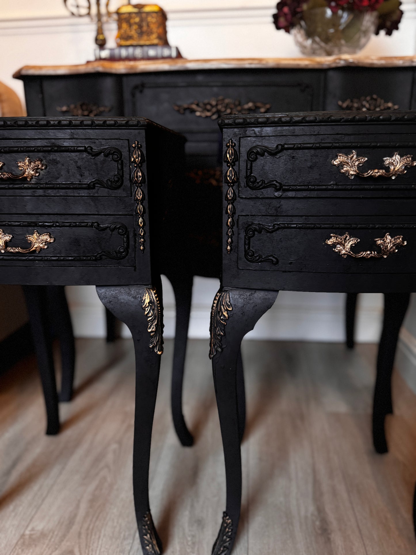 Vintage French Olympus Bedside Tables – Black & Gold | Harrods Olympus | Ornate Upcycled Nightstands