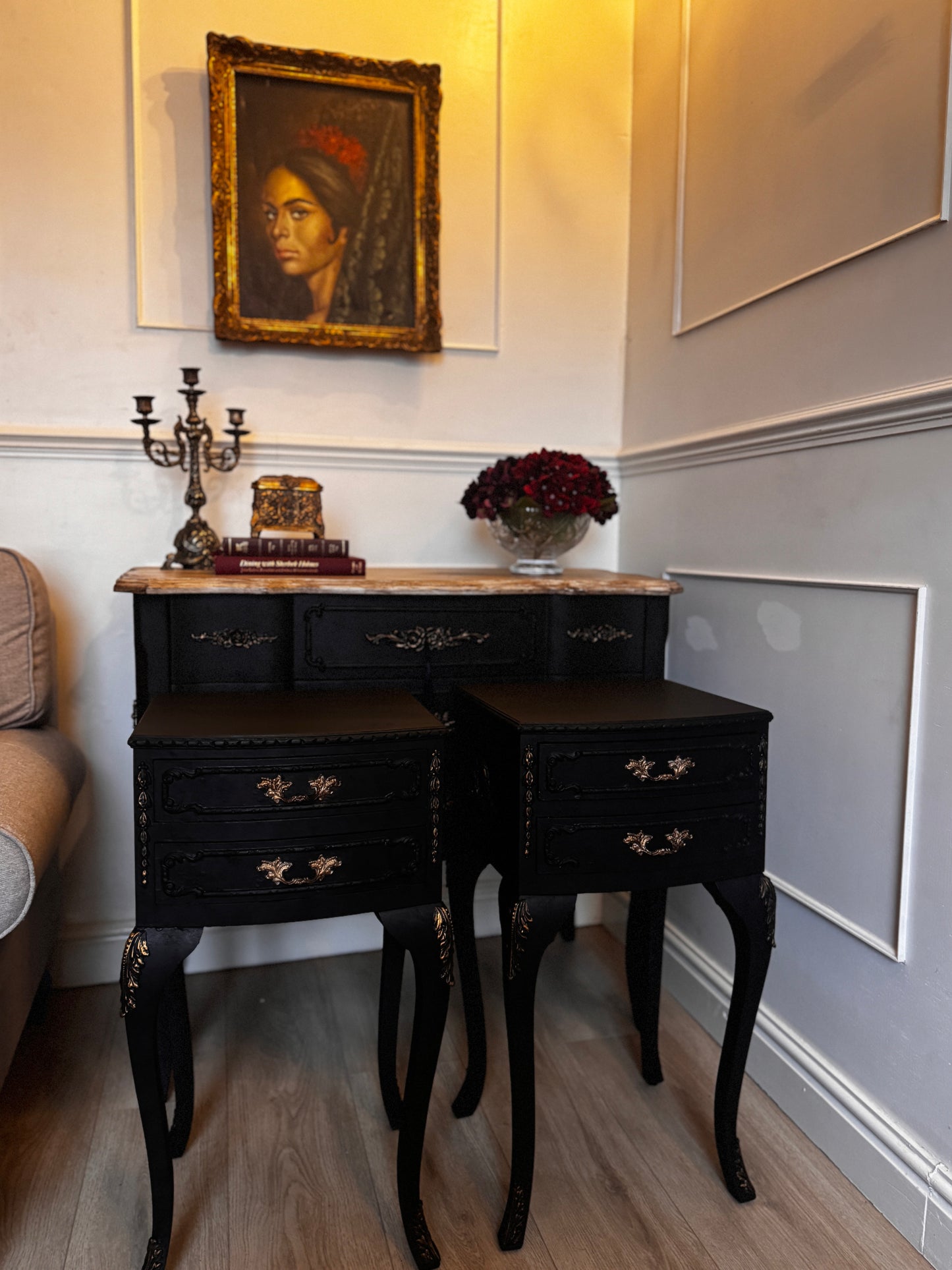 Vintage French Olympus Bedside Tables – Black & Gold | Harrods Olympus | Ornate Upcycled Nightstands