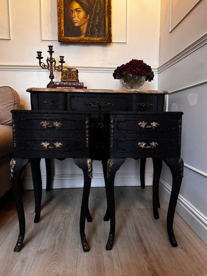 Vintage French Olympus Bedside Tables – Black & Gold | Harrods Olympus | Ornate Upcycled Nightstands