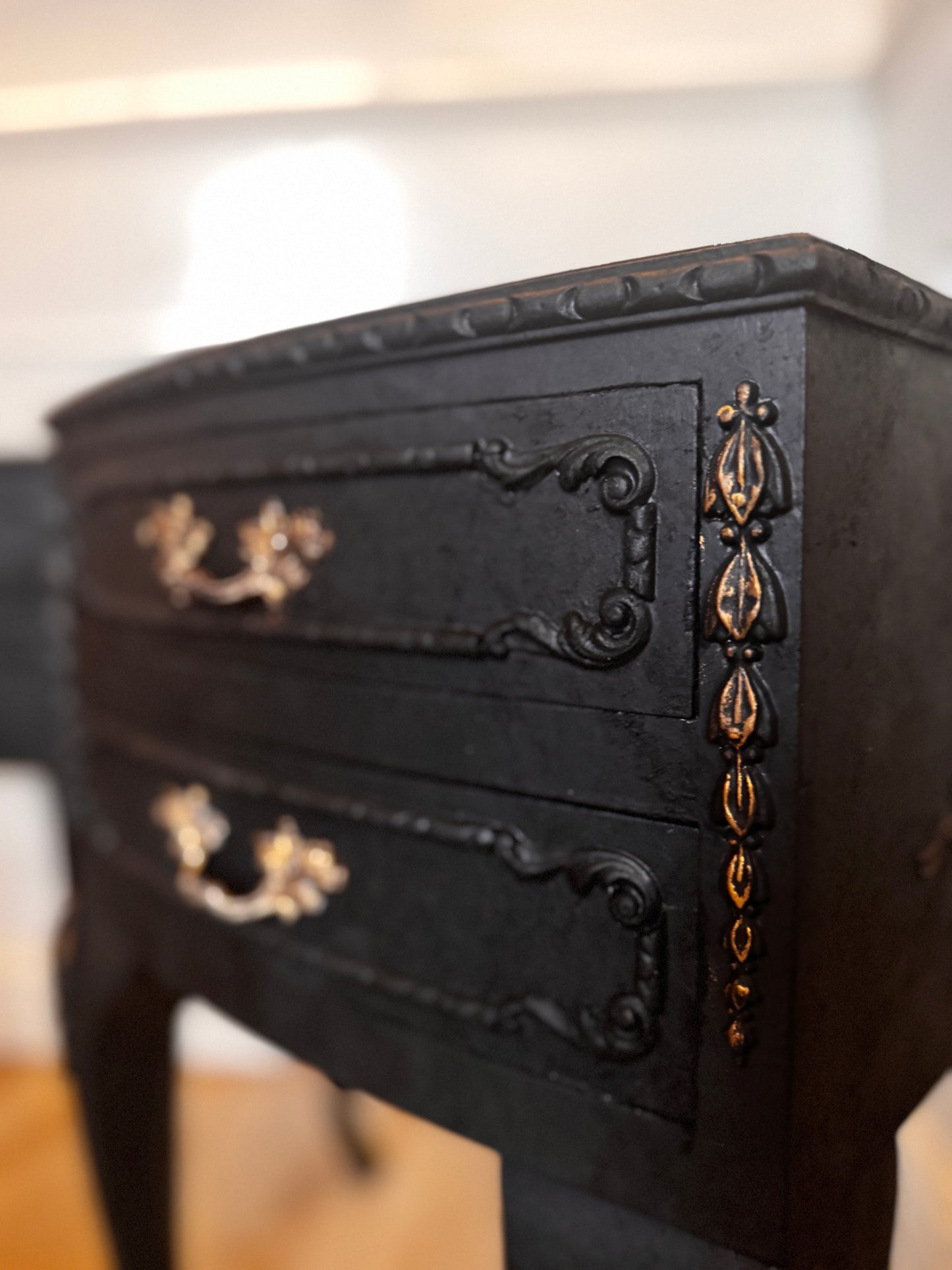 Vintage French Olympus Bedside Tables – Black & Gold | Harrods Olympus | Ornate Upcycled Nightstands
