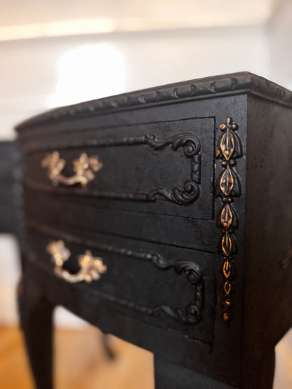 Vintage French Olympus Bedside Tables – Black & Gold | Harrods Olympus | Ornate Upcycled Nightstands