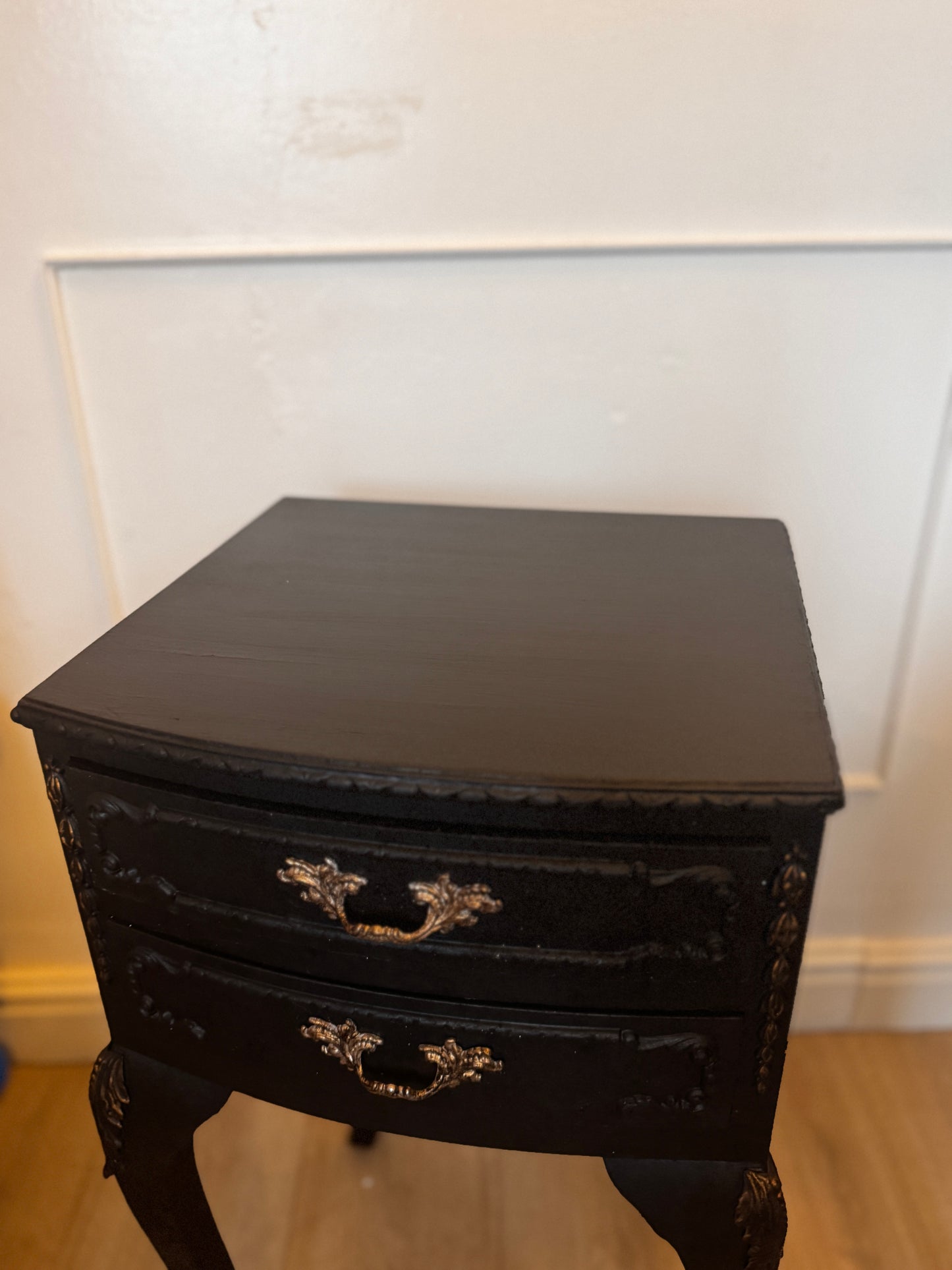 Vintage French Olympus Bedside Tables – Black & Gold | Harrods Olympus | Ornate Upcycled Nightstands