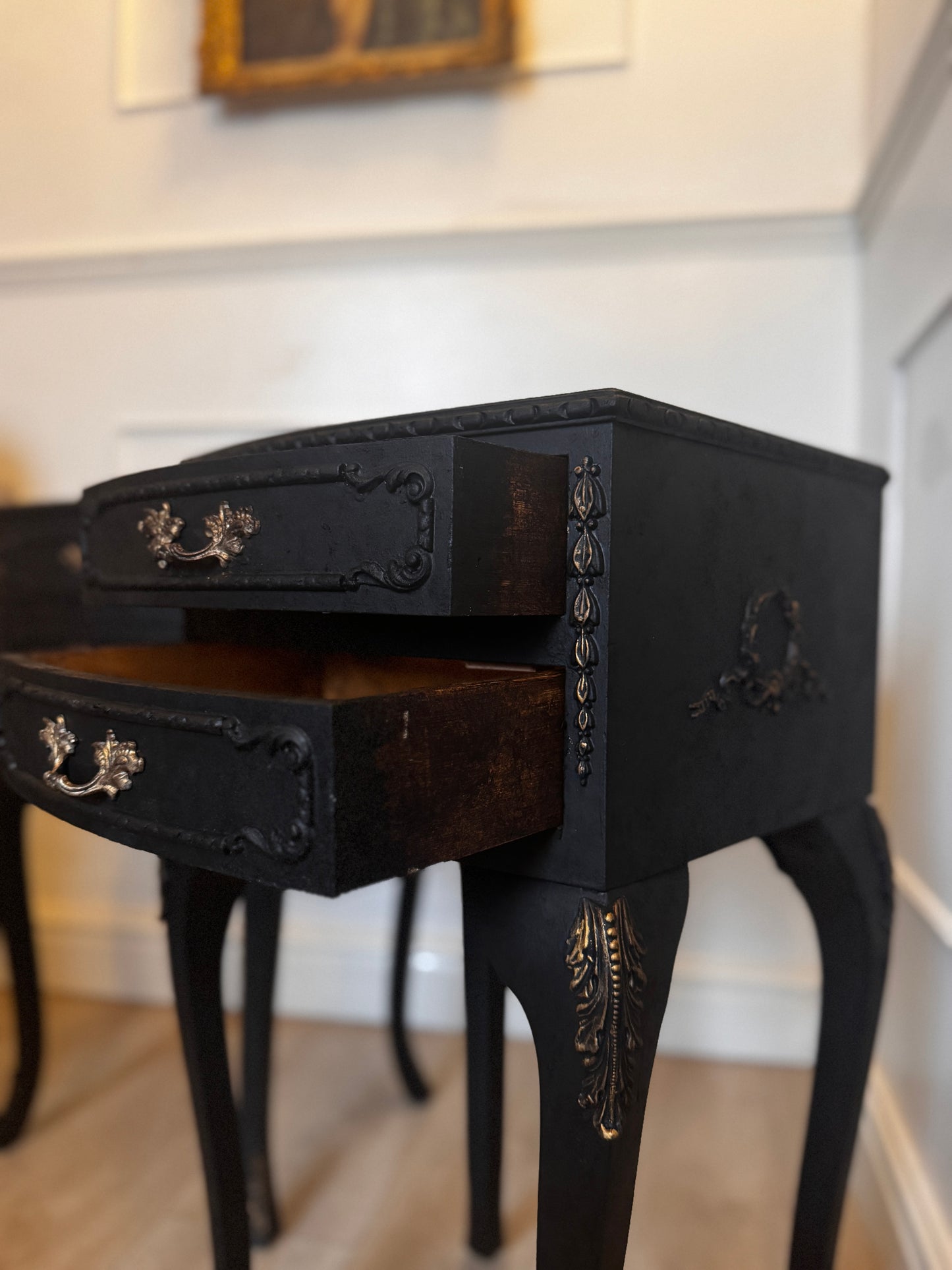 Vintage French Olympus Bedside Tables – Black & Gold | Harrods Olympus | Ornate Upcycled Nightstands