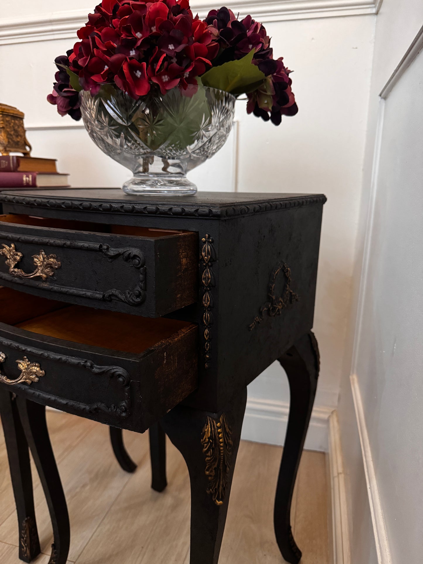 Vintage French Olympus Bedside Tables – Black & Gold | Harrods Olympus | Ornate Upcycled Nightstands