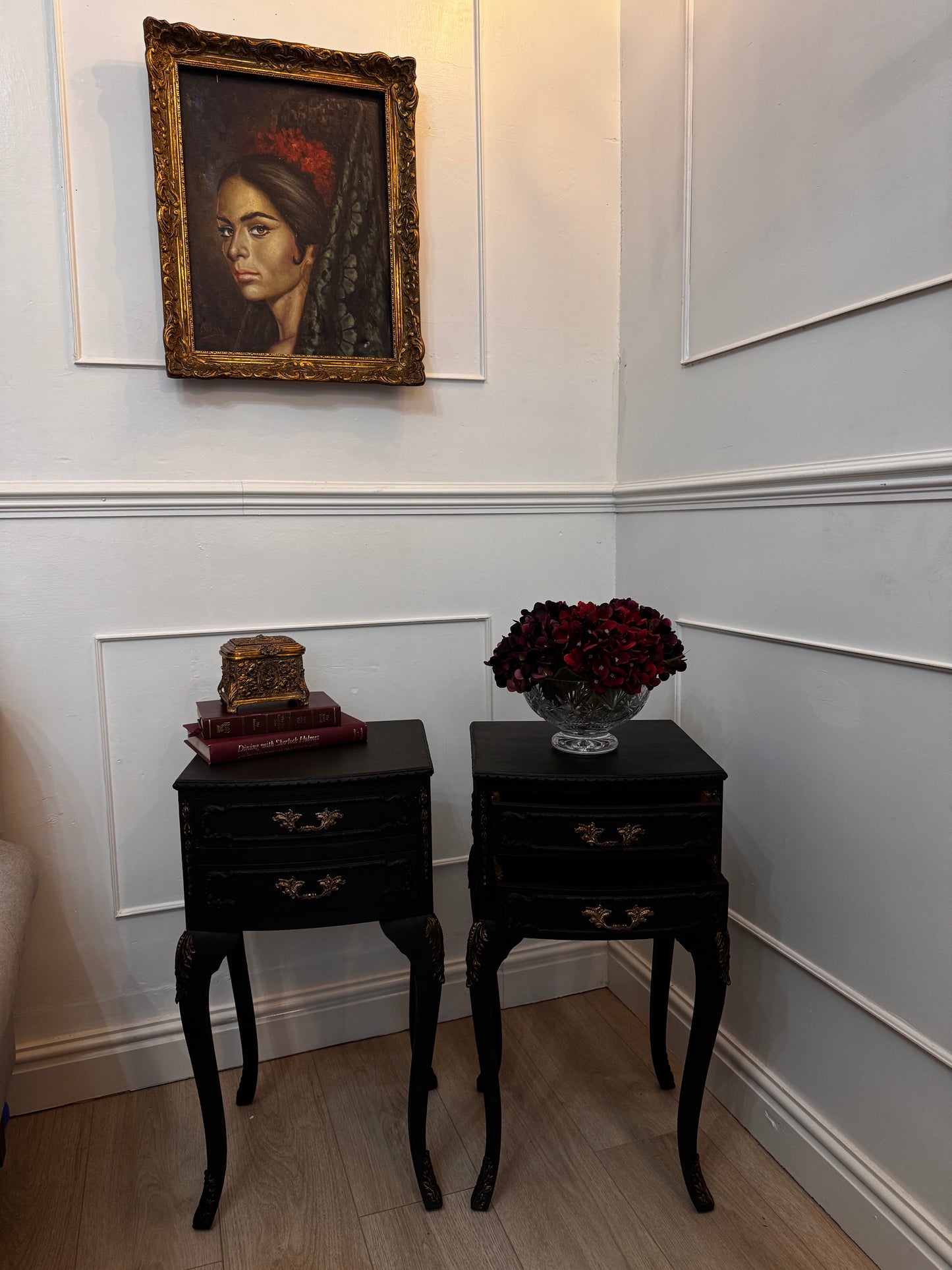 Vintage French Olympus Bedside Tables – Black & Gold | Harrods Olympus | Ornate Upcycled Nightstands