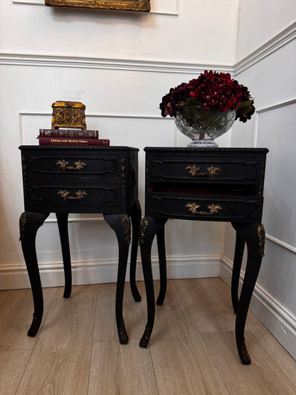 Vintage French Olympus Bedside Tables – Black & Gold | Harrods Olympus | Ornate Upcycled Nightstands