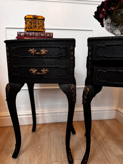 Vintage French Olympus Bedside Tables – Black & Gold | Harrods Olympus | Ornate Upcycled Nightstands