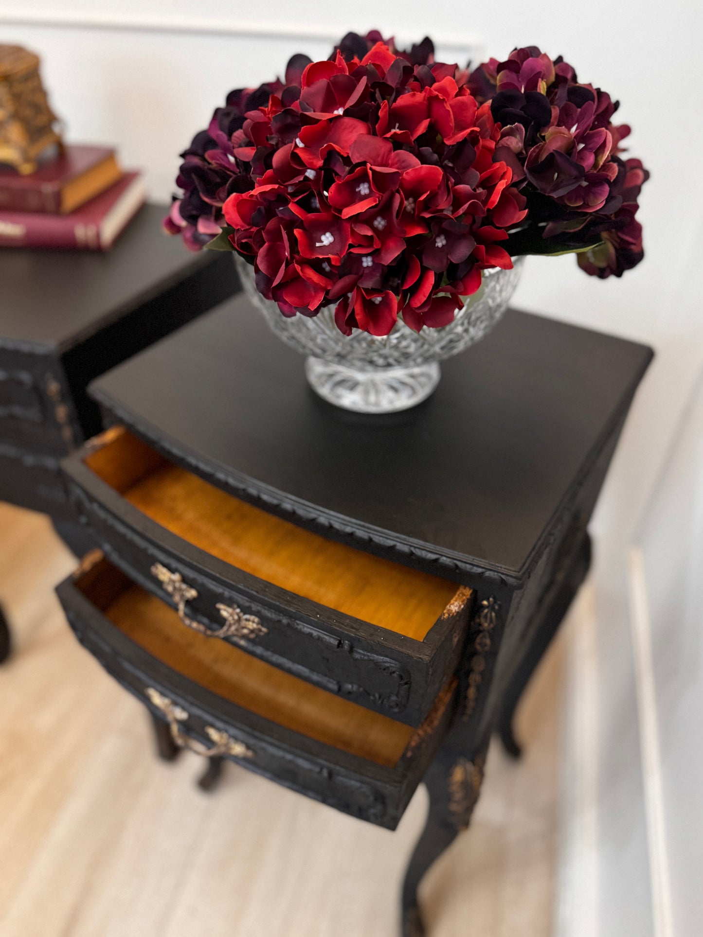 Vintage French Olympus Bedside Tables – Black & Gold | Harrods Olympus | Ornate Upcycled Nightstands