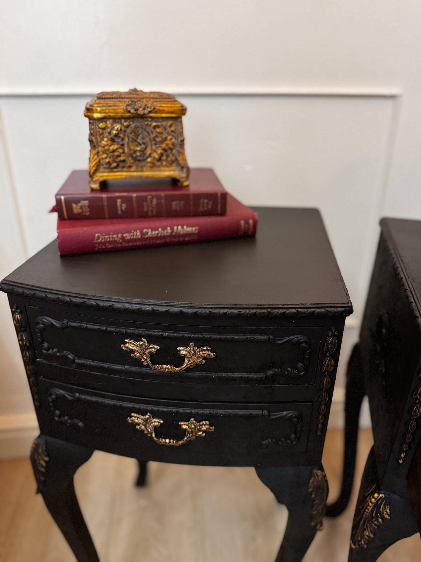 Vintage French Olympus Bedside Tables – Black & Gold | Harrods Olympus | Ornate Upcycled Nightstands