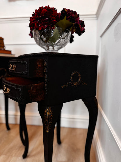 Vintage French Olympus Bedside Tables – Black & Gold | Harrods Olympus | Ornate Upcycled Nightstands