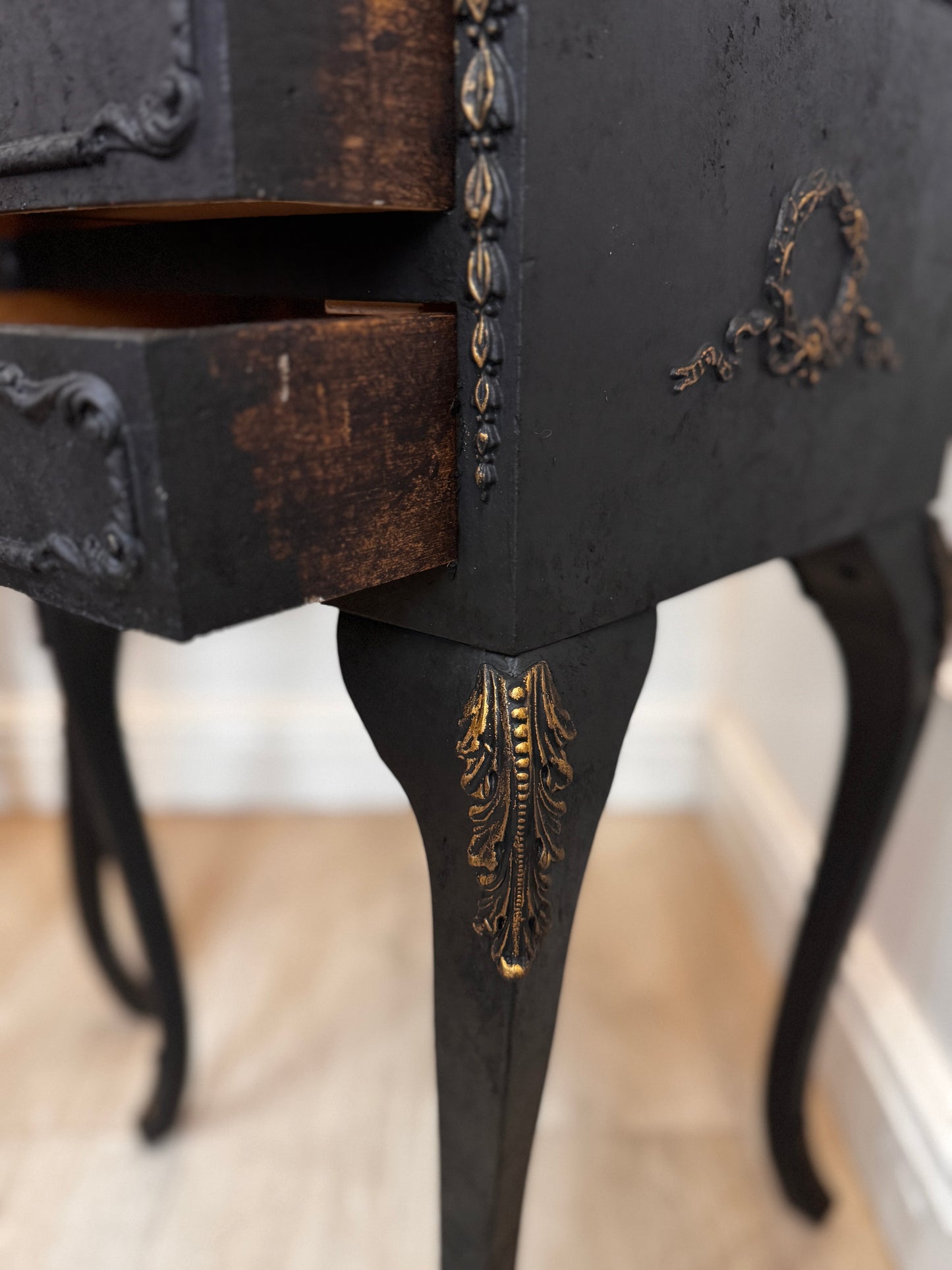 Vintage French Olympus Bedside Tables – Black & Gold | Harrods Olympus | Ornate Upcycled Nightstands
